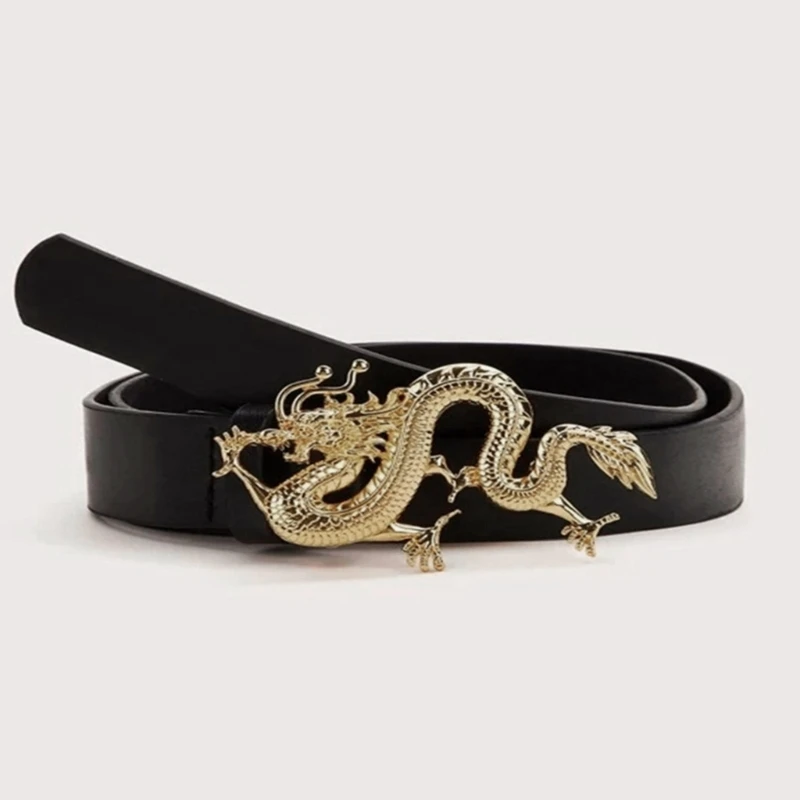 Ladies Golden Dragon Buckle Waist Belt Pu Waist Belt Waistband for Dress Jeans