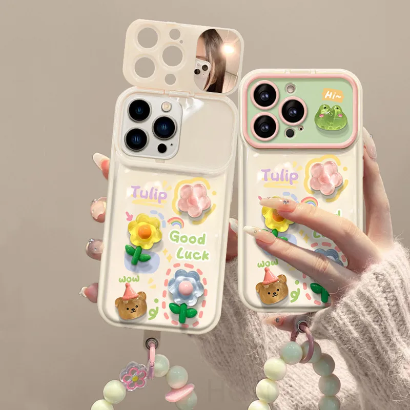 

Flip Mirror Phone Case Cute Frog Flower Bracelet Phone Case For IPhone 17 16 14 13 12 PRO MAX 15 PLUS 17 AIR Silicone Back Cover