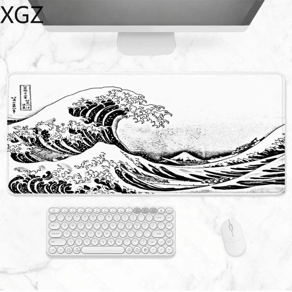 

Новый XL XXL черно-белый коврик для мыши Great Waves японского искусства, настольный коврик для игровой мыши, нескользящая основа, очищаемая тонкая шва