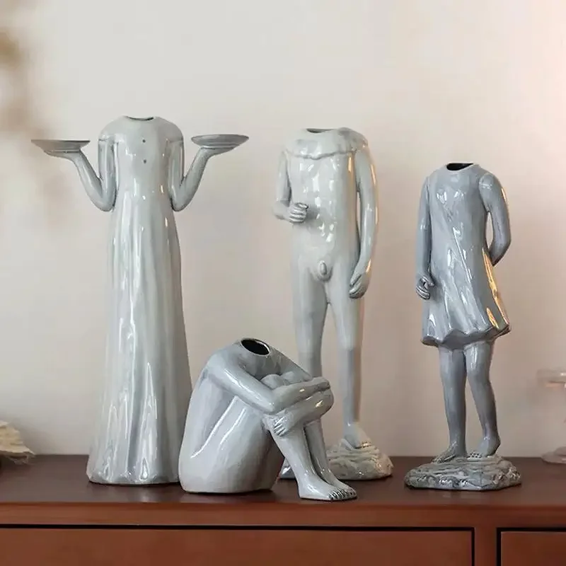 Ceramic Vase Abstract Human Figure Sculpture Flower Arrangement Accessories Headless Vase Candlestick Terrarium Flower Pot