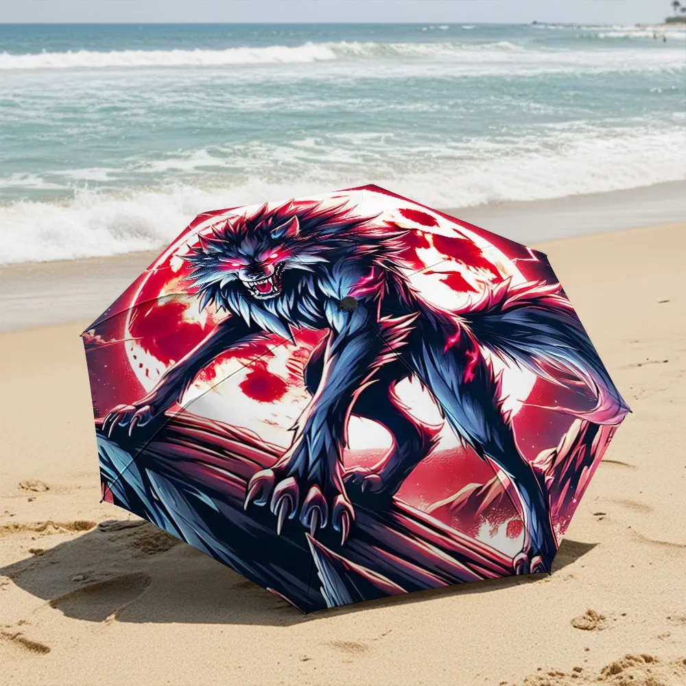 Fierce Wolf with Fiery Eyes Under Crimson Moon Compact Fashion Folding Umbrella for Daily Use, Christmas Gift