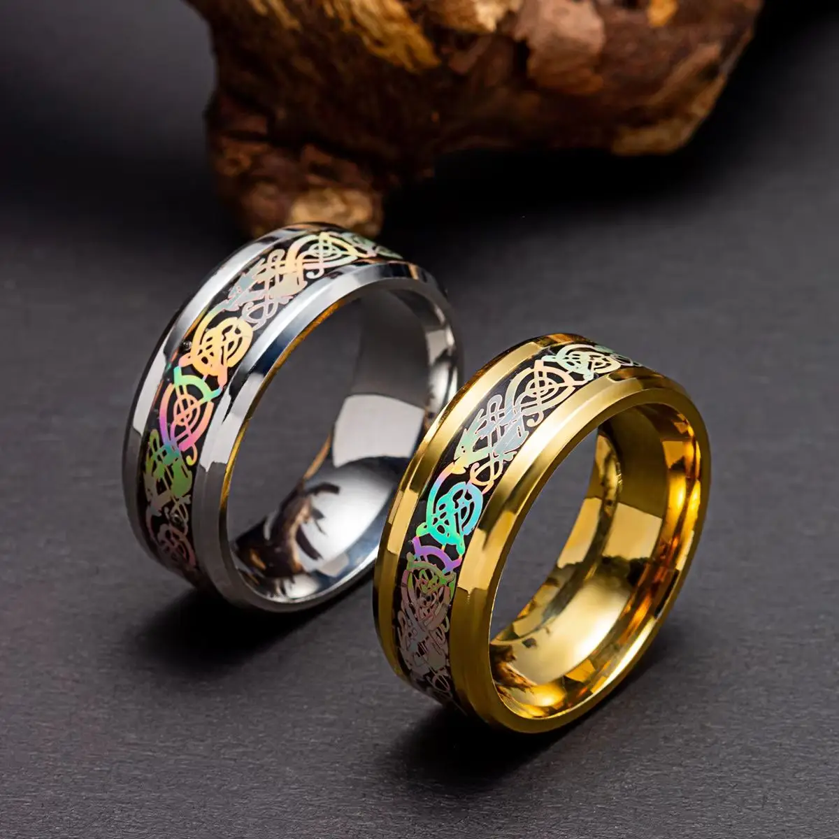 

Men's 8mm Stainless Steel Ring with Rainbow Celtic Dragon Pattern Fashion Wedding Engagement Band Charm Jewelry Gift