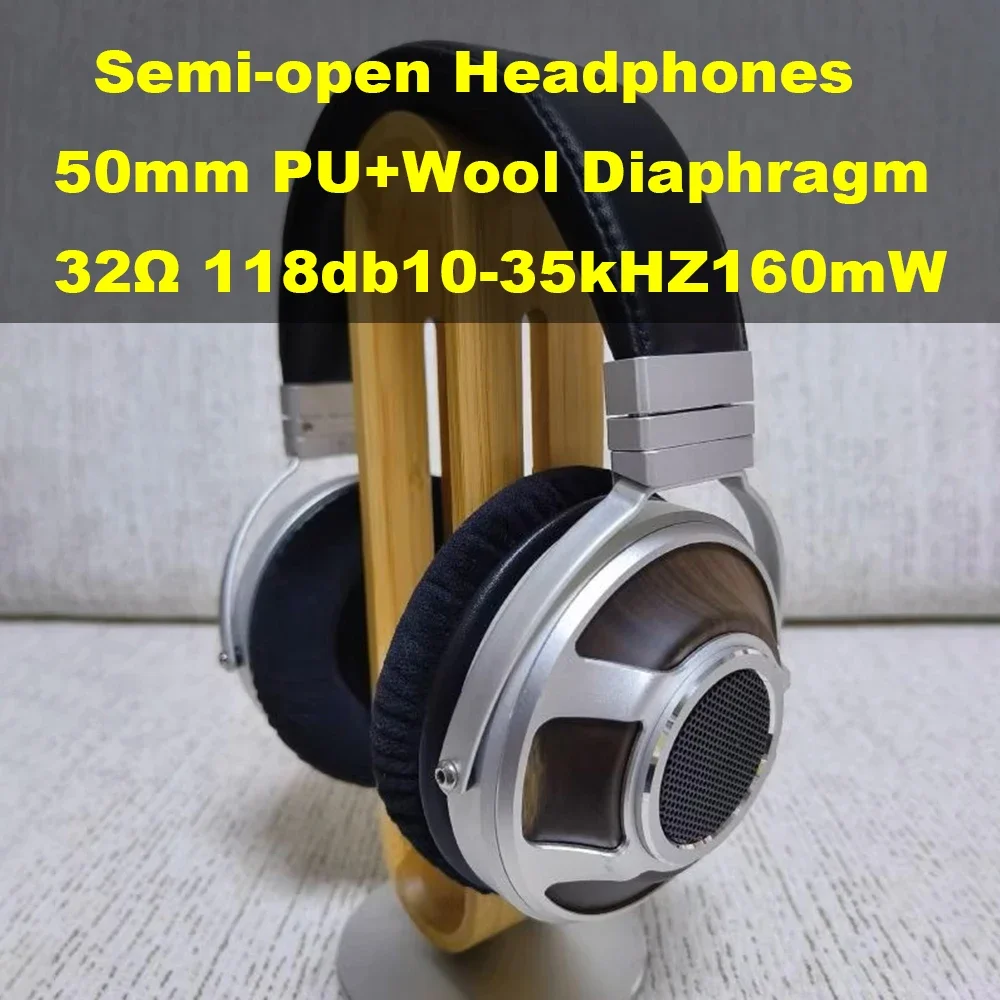 HiFi Headphones Over Ear Semi-open Headphones Wired 50mm PU+Wool Diaphragm Dynamic Driver Headsets for Audiophile Hi-res Audio