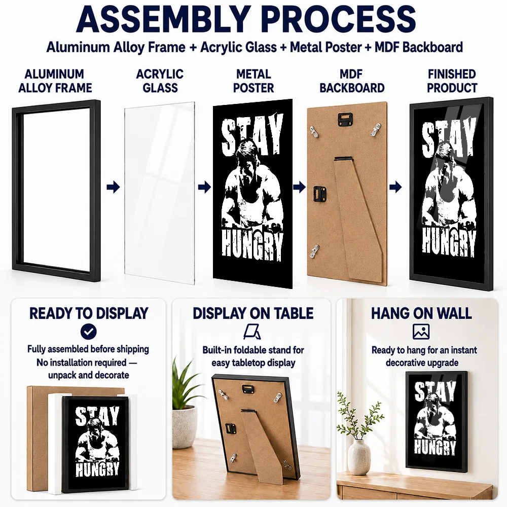 Stay Hungry Bodybuilding Motivation Framed Aluminum Metal Poster Personalized Photo Bold Typography Style Wall Art For Bedroom