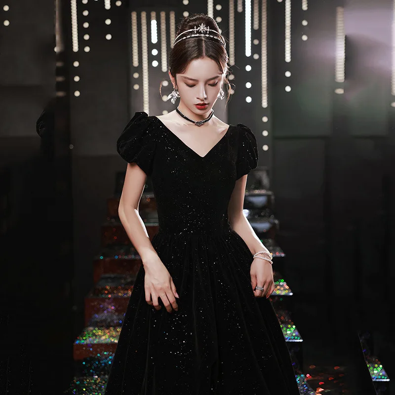 

Элегантное черное бархатное длинное вечернее платье 2024 года для новогоднего бала, церемоний и торжеств, модное винтажное платье в стиле принцессы