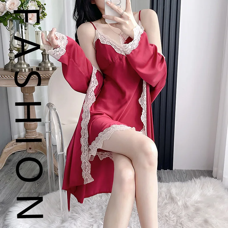 

Пижамы женские весенне-осенние атласная ночная рубашка из ледяного шелка летняя ночная рубашка Pure Desire Wind v с галстуком на груди и подтяжками из двух частей