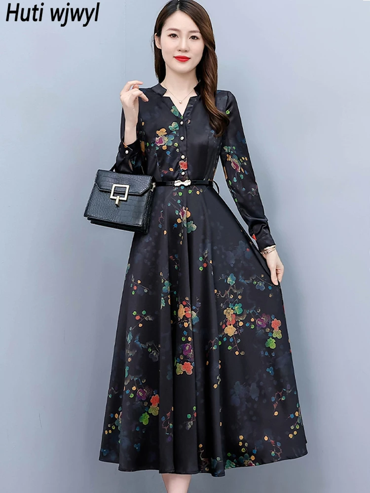 

2024 Black Floral Acetate Satin Midi Dress Spring Autumn V-Neck Luxury Prom Maxi Vestido Women Vintage Bodycon Party Night Dress