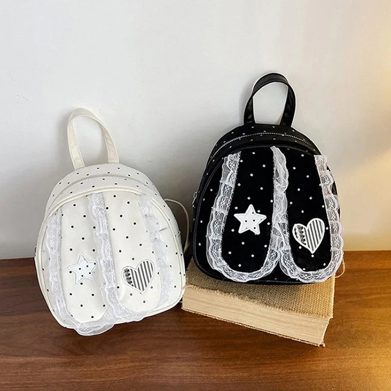 Cute Lolita Rabbit Ear Backpack Fashion Polka Dot Print Heart Embroidery Women's Small Exquisite Backpack Y2k Kawaii Lace Trim