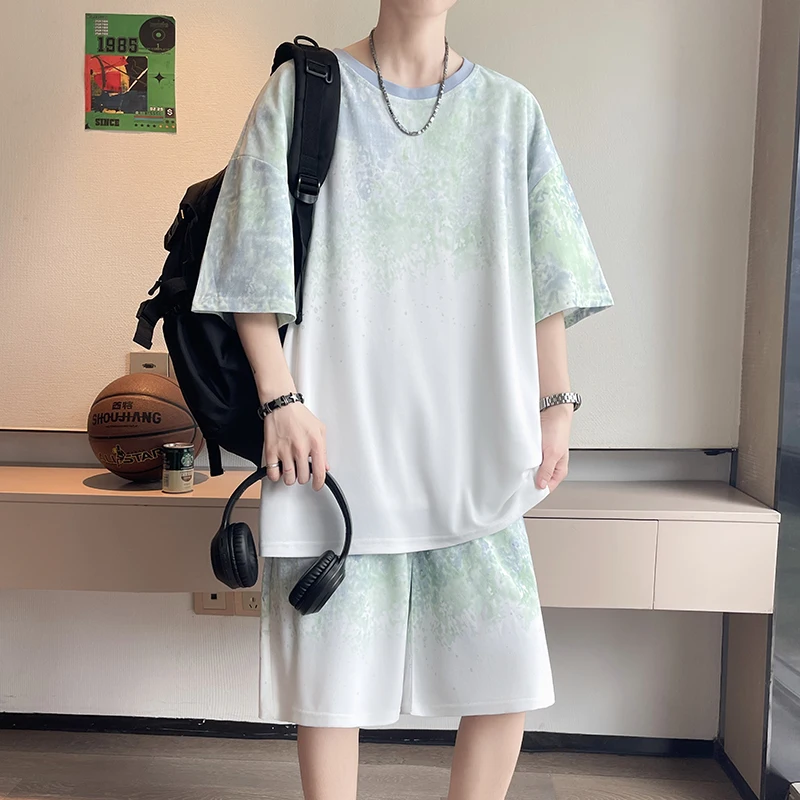 【Top 5-Point Pants】Men's T-Shirt Set New Summer Fashion Tie-Dye Street Fashion Sports Casual Daily Outing Comfortable Loose Suit view 5