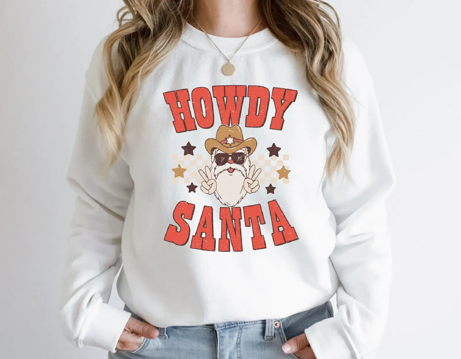 Cute Cotton Howdy Santa Print Women Sweatshirt 2023 Hot Fashion Vintage Female Christmas Sweater Cute Christmas Party Girl Tops