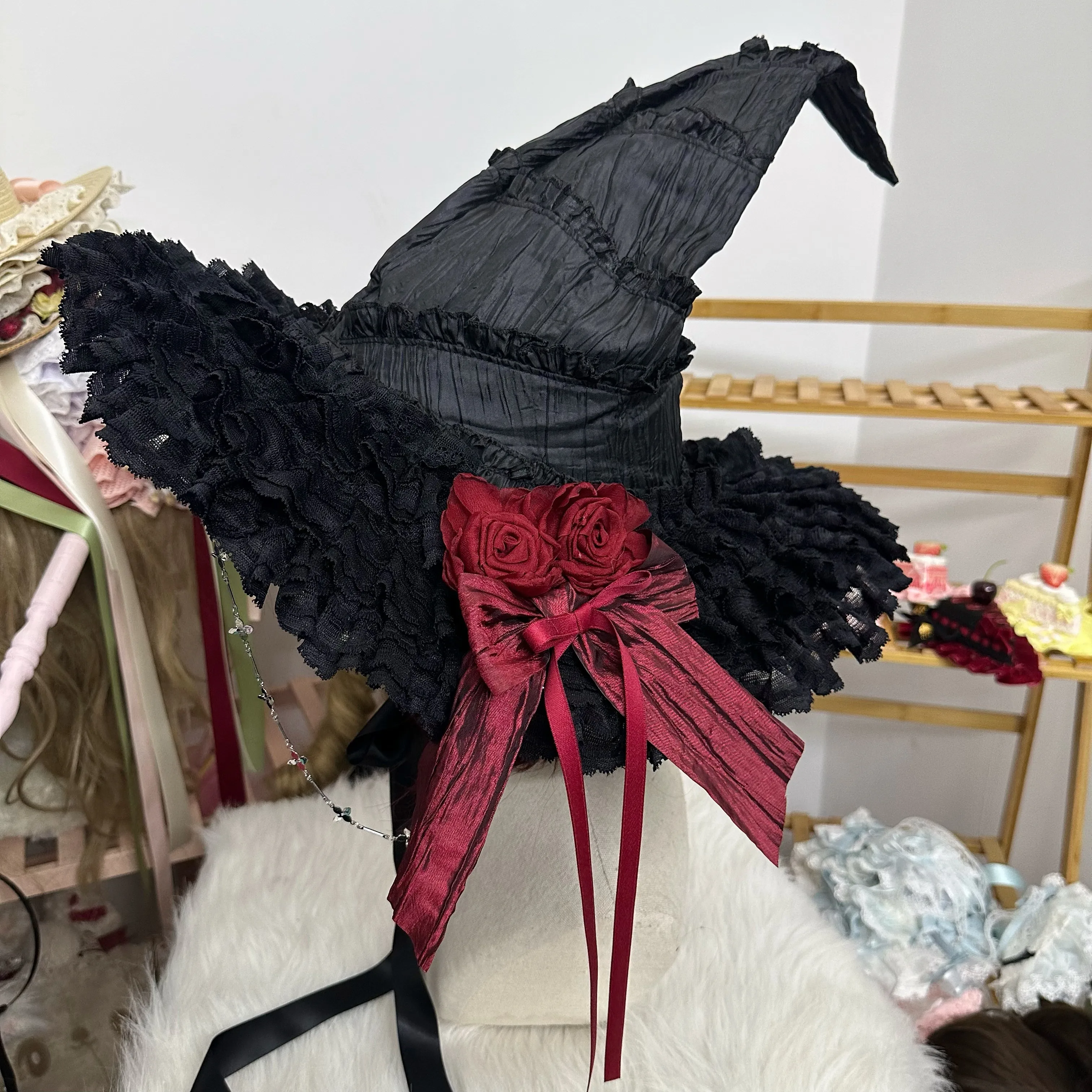 Lolita Element Little Witch Hat Witch Hat Dark Wind Lolita style black and red flower handmade hat