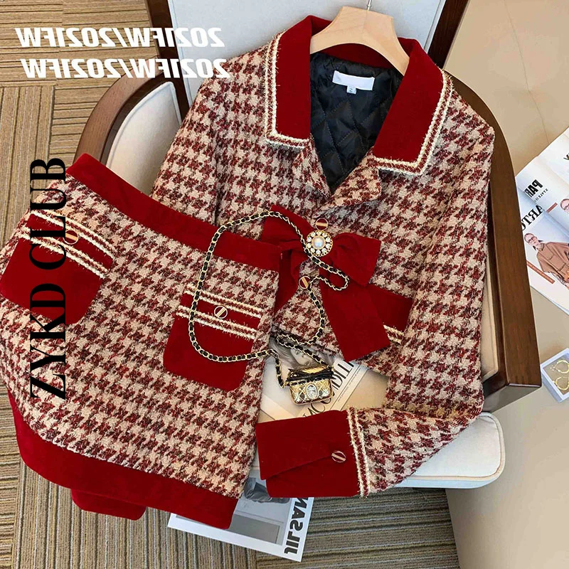 Women Christmas New Year Tweed Houndstoot Red Suit Blazer Jackert Coat Top Mini Skirt Two Piece Set Outfit Winter Warm Clothing