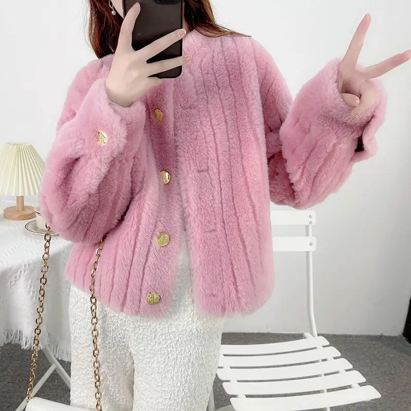 New 2024 Autumn Winter Women's Faux Sheep Shearing Coat Female Thick Casual Jacket Teen Girl Faux Fur Warm Outerwear