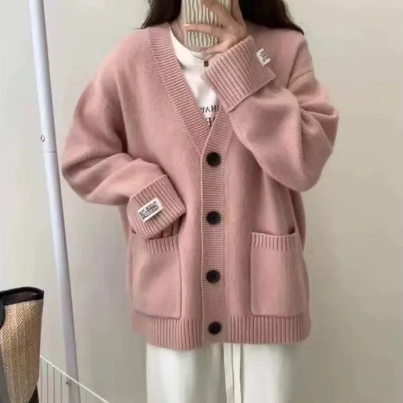 Women Knitted Cardigan Sweaters Solid Jumpers Pockets V Neck Long Sleeve Single Breasted Loose Elegant Casual Autumn Winter 2026