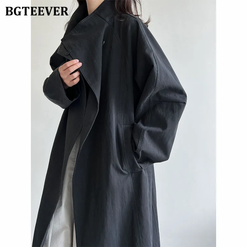 

BGTEEVER Elegant Loose Ladies Belted Trench Coats Autumn Winter Stand Collar Single Button Female Windbreaker