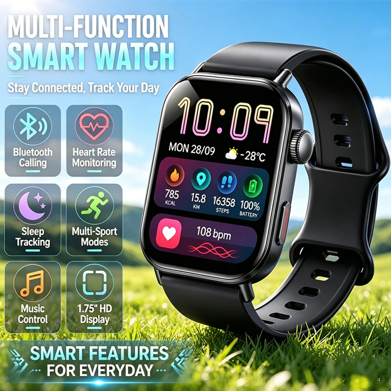 Bluetooth Call Smart Watch Men Women 1.75" Full Touch Screen Heart Rate Sleep Monitor Fitness Tracker IP67 Waterproof Smartwatch