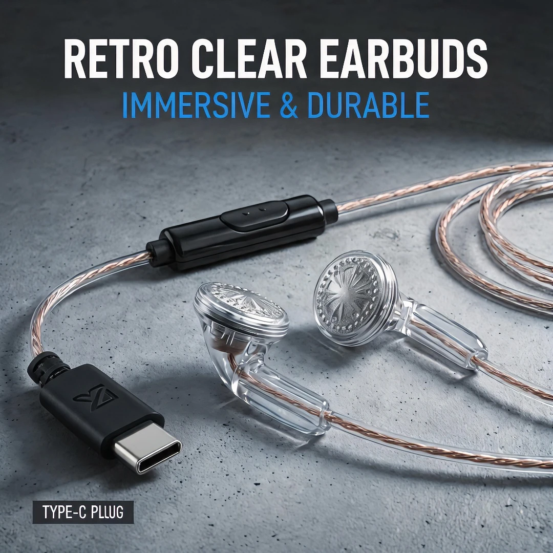 Type-C Wired Earbuds Retro Look, Braided Cable Headphones with Microphone for Phones, Tablets & Laptops
