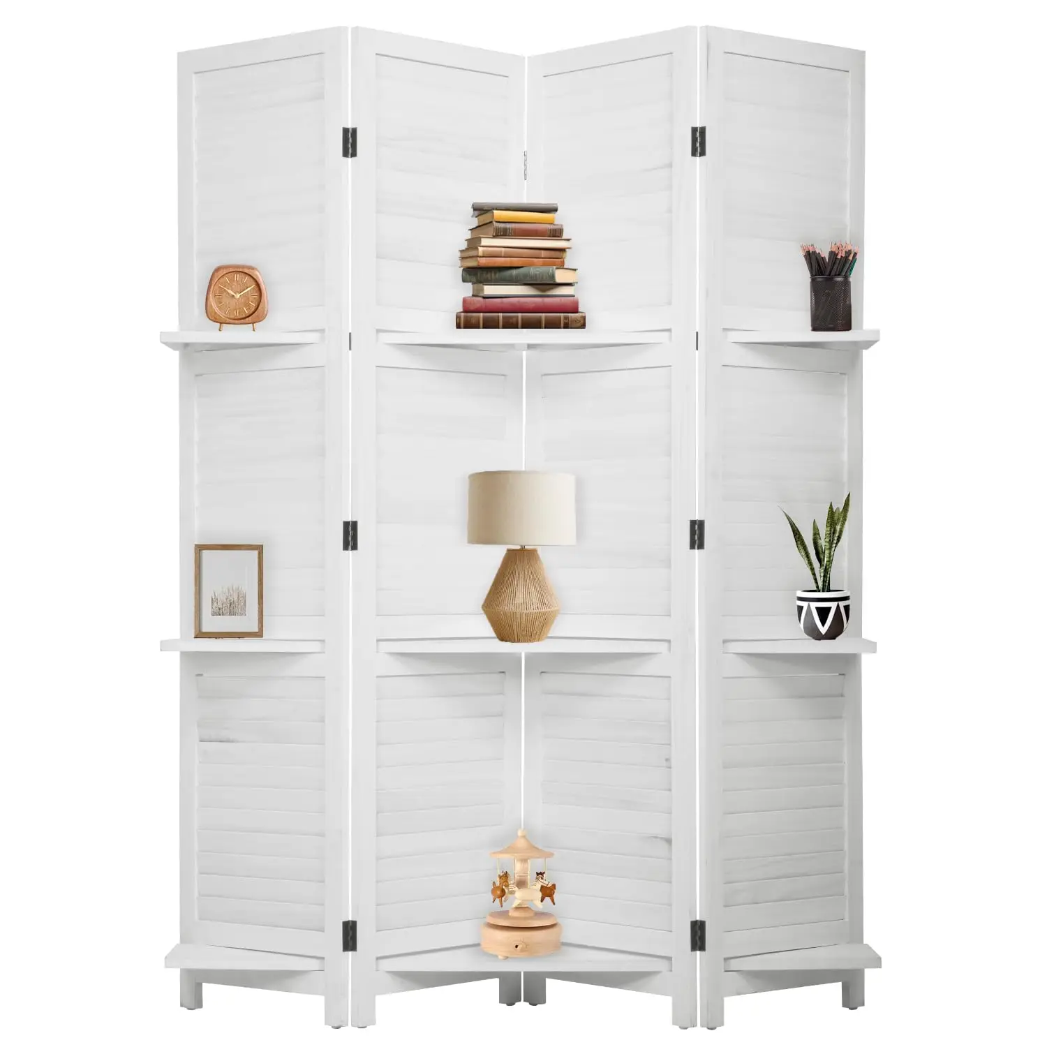 4 Panels Wooden Room Divider with Shelves & Storage, Folding Privacy Screen for Home Office Partition Wall, White, Customized
