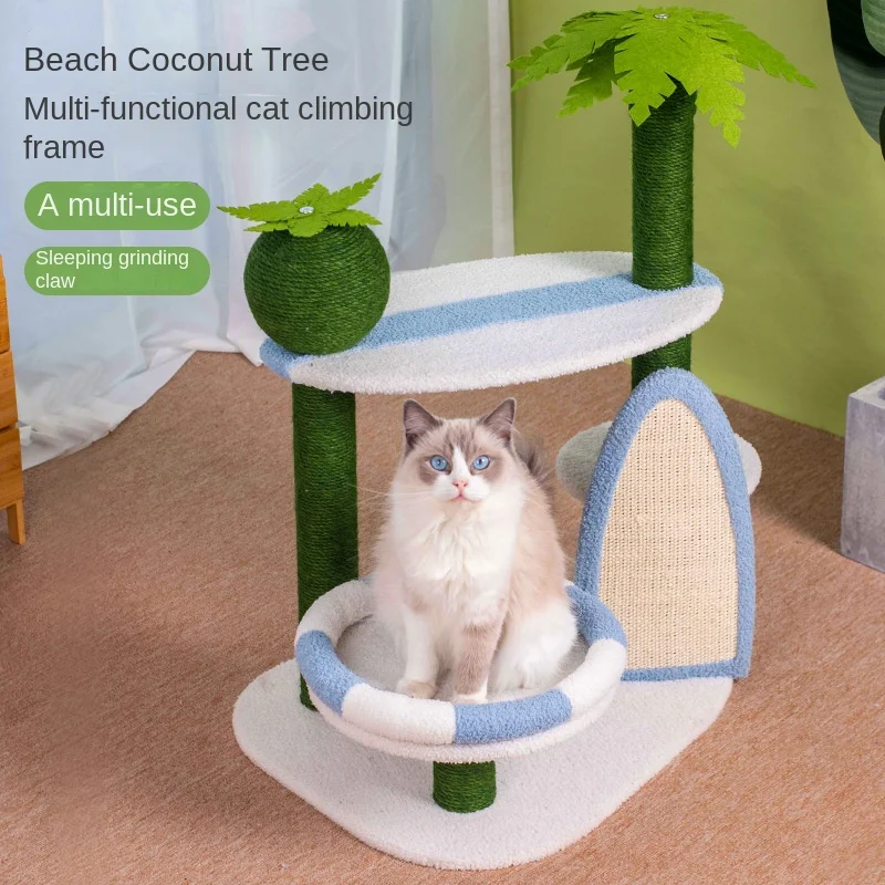 

Modern Beach Themed Cat Tree Coconut Style Climbing Rack with Sisal Scratching Board and Cozy Nest All in One Cat Playground
