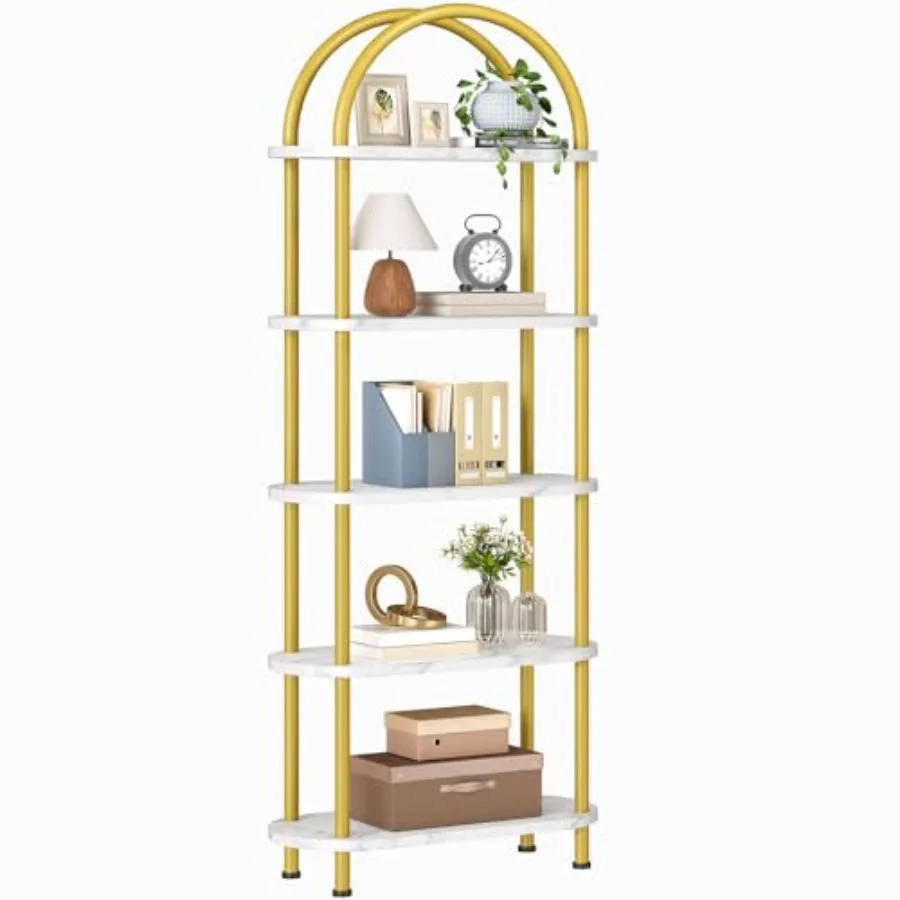 5 Tier Open Bookshelf Industrial Arched Bookcase Display Shelf Rack with Wooden Bookcase Storage Shelf and Metal Frame Tall Sto