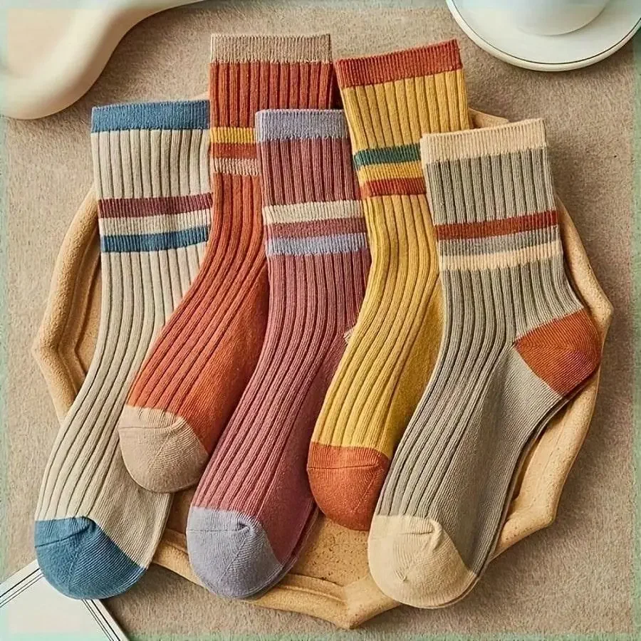 5 Pairs Of unisex striped mid socks soft breathable odor resistant comfortable fabric ideal for couples casual matching style