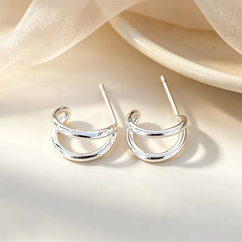 Simple Double-layer C-shaped 925 Sterling Silver Jewelry Female Geometric Hollow Arc Stud Earrings 3986