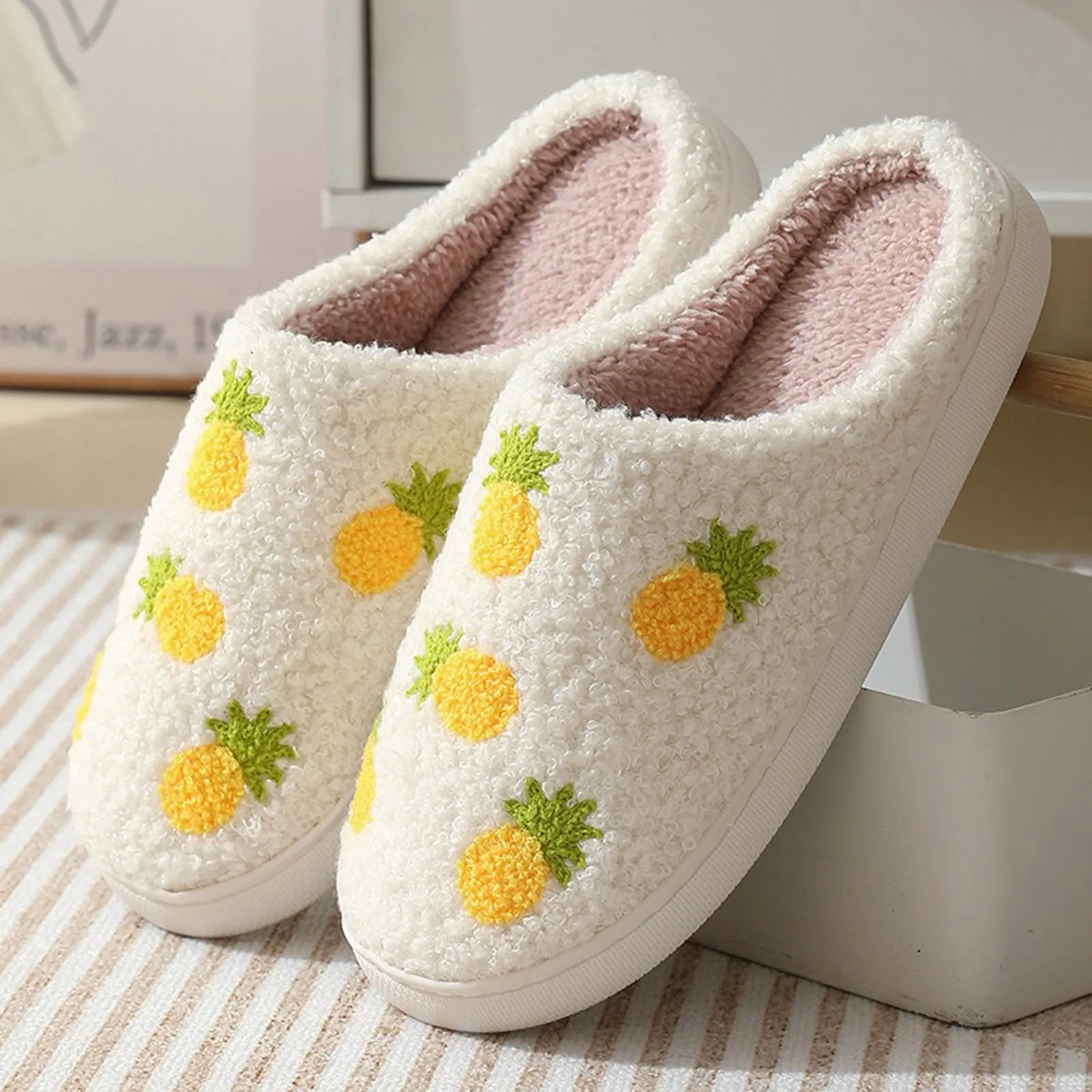 Men and Women Winter Home Plush Slippers Pineapple Embroidery Lined Cozy Wool Slippers Comfortable Couple's Indoor Slippers