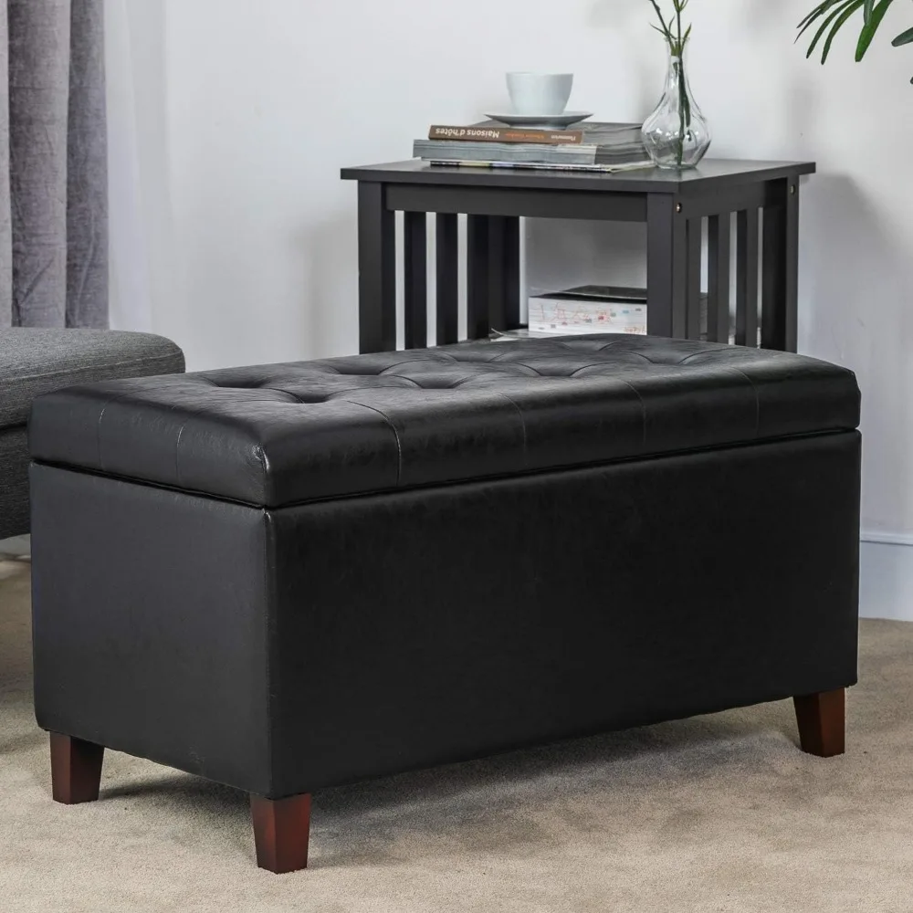 Storage Ottoman Bench, Faux Leather Upholstered End of Bed Bench with Safety Hinge Wooden Legs, for Entryway Bedroom