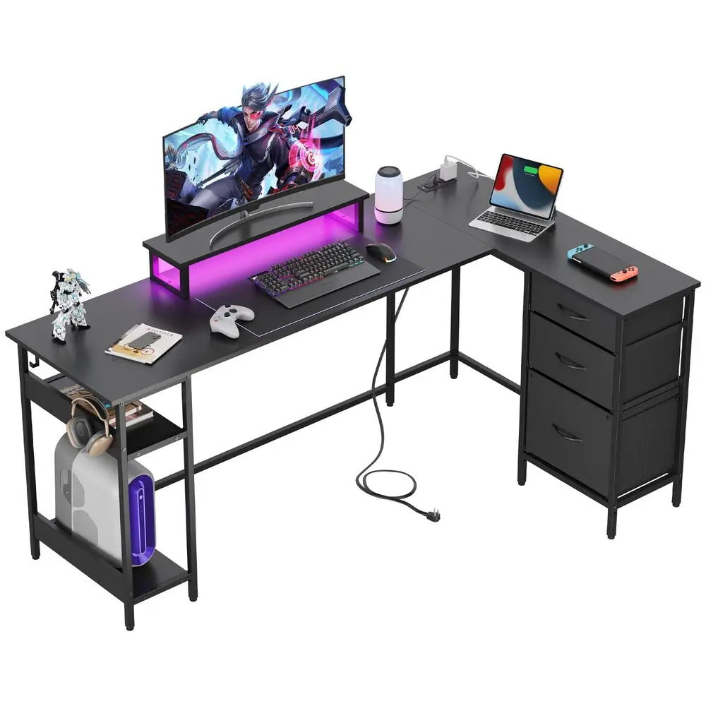 L Shaped Desk with Drawers, L Shaped Gaming Desk with Power Outlets, LED Lights, Monitor Stand, Computer Table, Large Corner Des