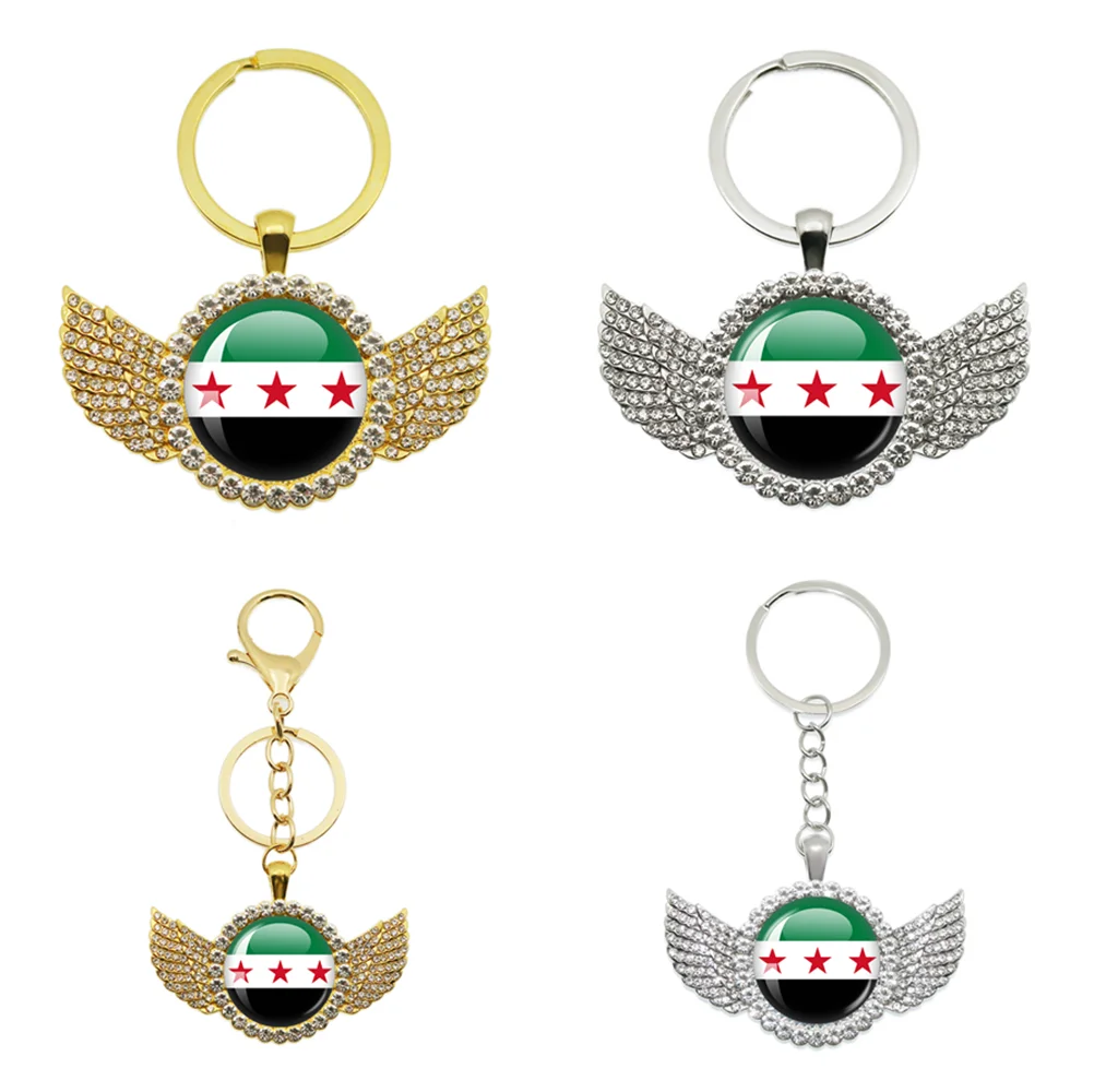 Syria National Flag Glass Cabochon Angel Wings Pendant Keychain For Women Men Charm Car Keyring Creative Fashion Jewelry Gift