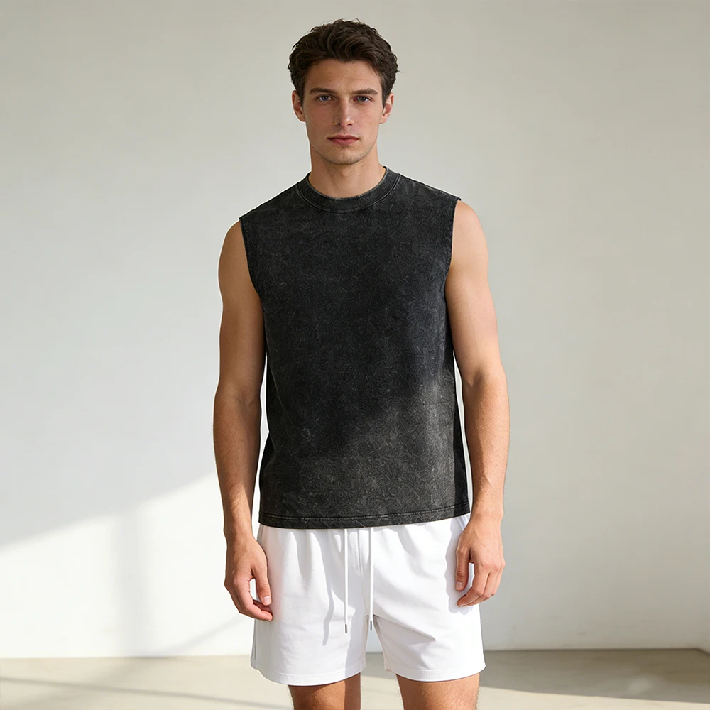 

Летний винтажный комплект унисекс: однотонный топ без рукавов и шорты для фитнеса и бега, повседневный уличный стиль, черный выстиранный костюм из жилета и шорт