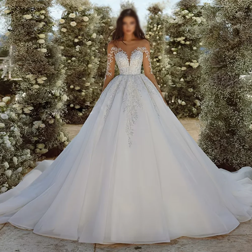 

Sweetheart Lace Up Tulle A-Line Wedding Dresses Lace Appliques Long Sleeves Exquisite Tiered Bridal Gowns Customized