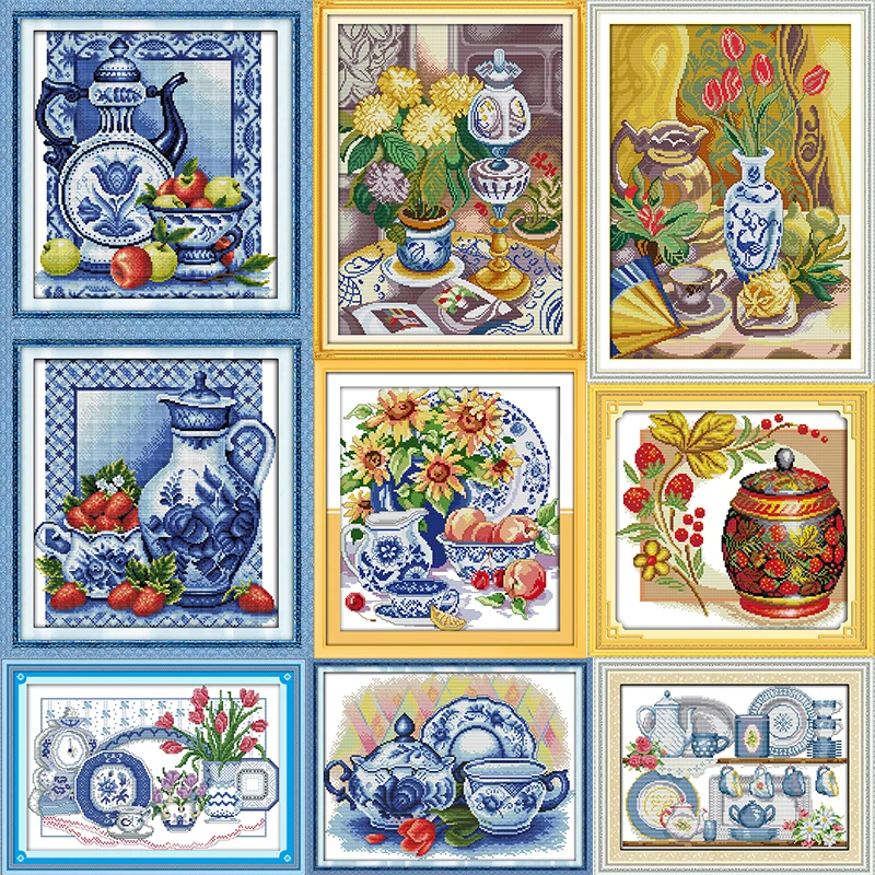 Porcelain and Flowers Still Life Collection Printed Cross Stitch Kit 14CT 11CT White Canvas Fabric Needlework Sewing Craft Set