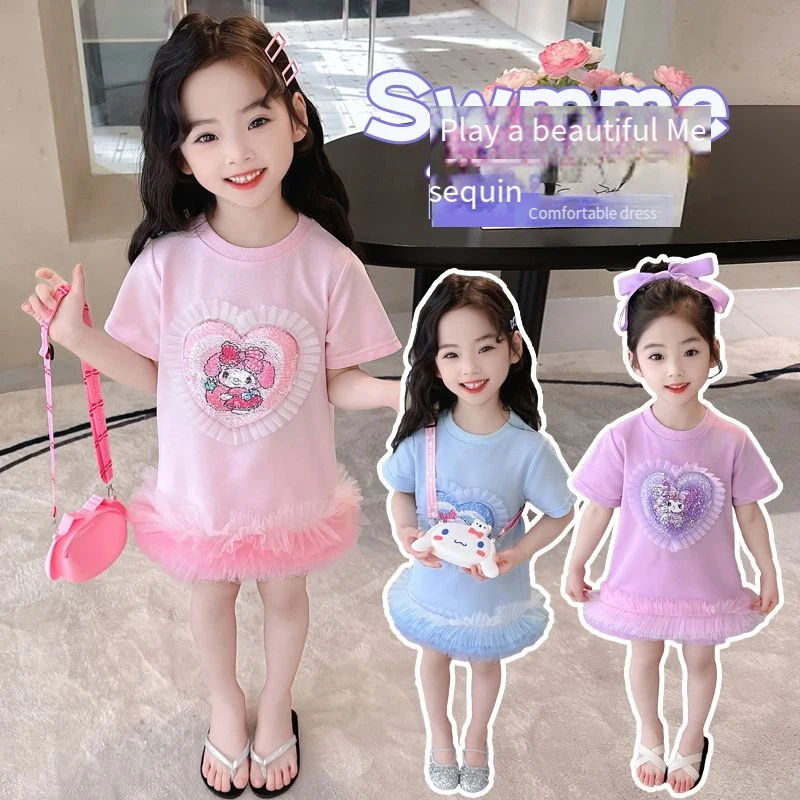 

Kawaii Girl Sanrios Short-Sleeved T-Shirt Summer Flip Movie Sweatshirt Dress Short Sleeve Child Clothing Dress Princess Skirt