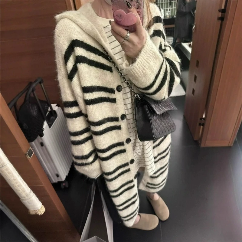 

2026 Autumn/Winter New Korean-style Hooded Striped Sweater Jacket for Women Loose Laid-back Long Knitted Cardigan