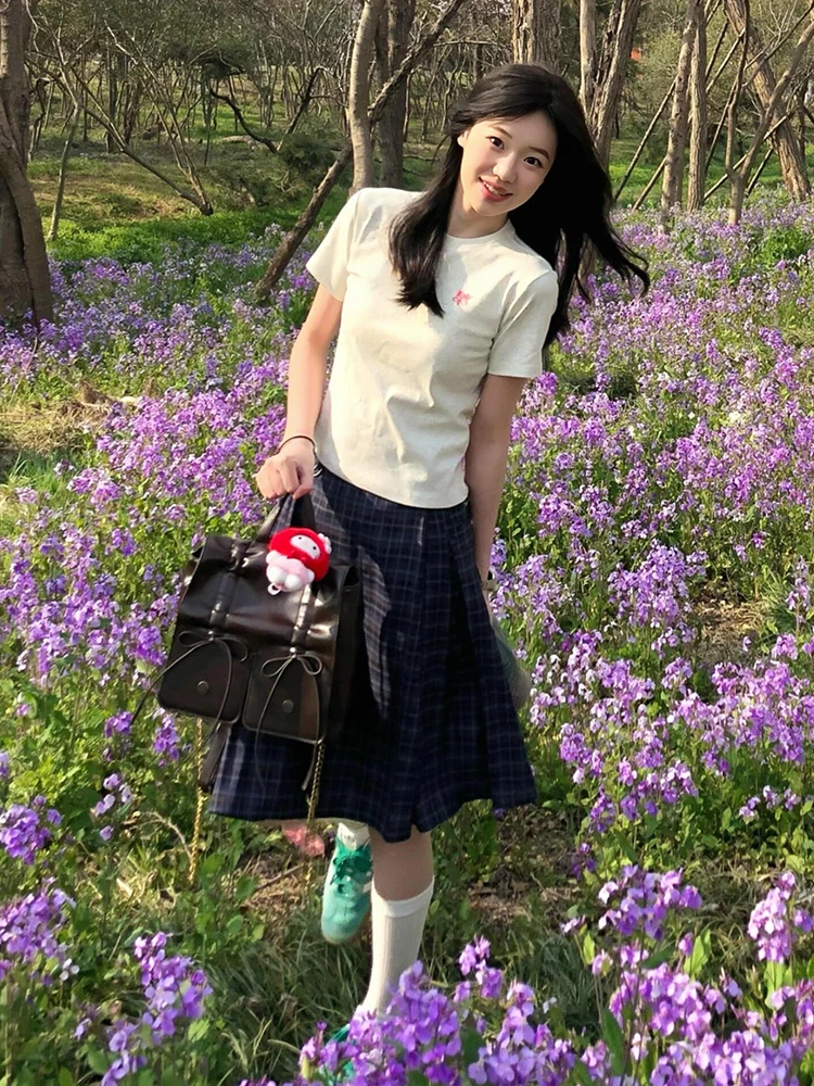 

Korean College Sle Retro Plaid High Waist Slimming Pleated Skirt Women's Summer New Design A-Line Skirt Sweet Sle Polyest...