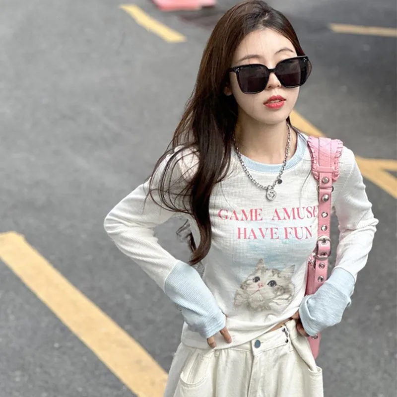 STSVZORR New Women's 2023 Contrast Top Short Fit Kawaii Cat Print Long Sleeve T-shirt Women