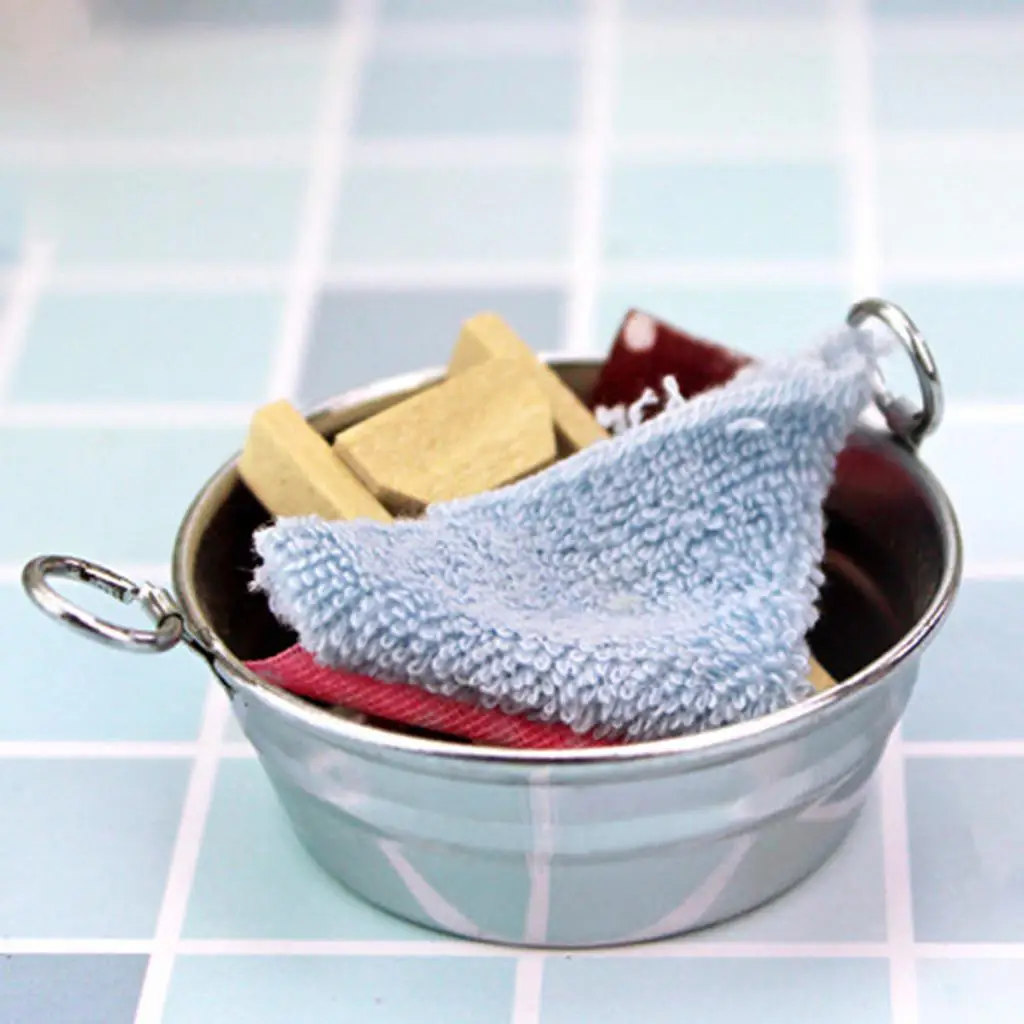 1/12 Dollhouse Miniature Washing Tin Tub Laundry Tools Kit