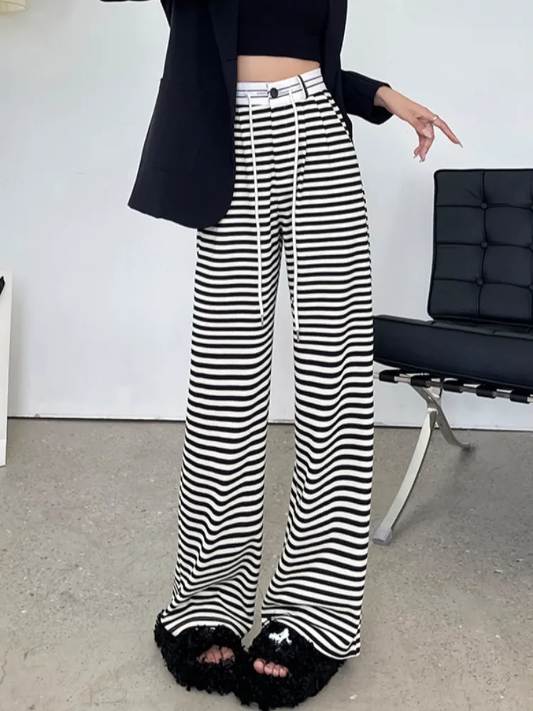 Black And White Striped Wide-Leg Trousers For Female Spring Autumn Thin New High Waist Vertical Casual Suit Pants Woman Clothing