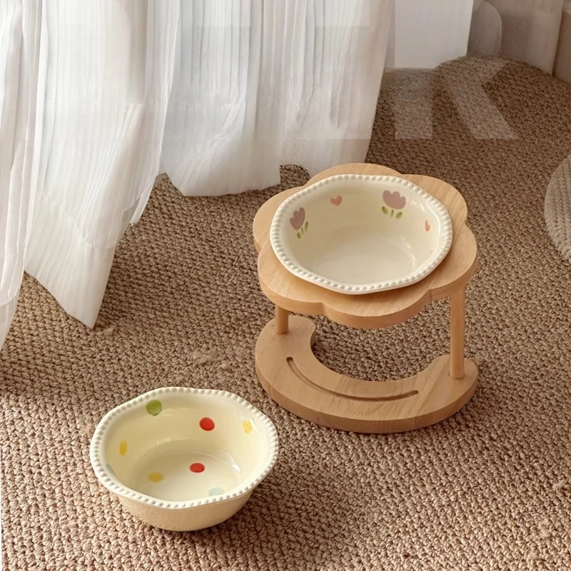 

Anti Vomiting Ceramic Cat Bowl Anti Slip 15 Degree Inclined Cat Feeding Station with Wooden Stand Anti Overturning Pet Supplies