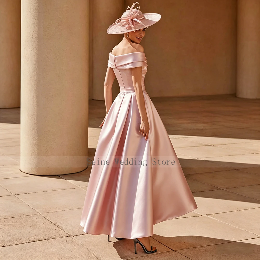 Customized Wedding Guest Dresses Satin A-line Birthday Party Dress Pink Off-the-shoulder Bow Pleated Women's Evening Dresses