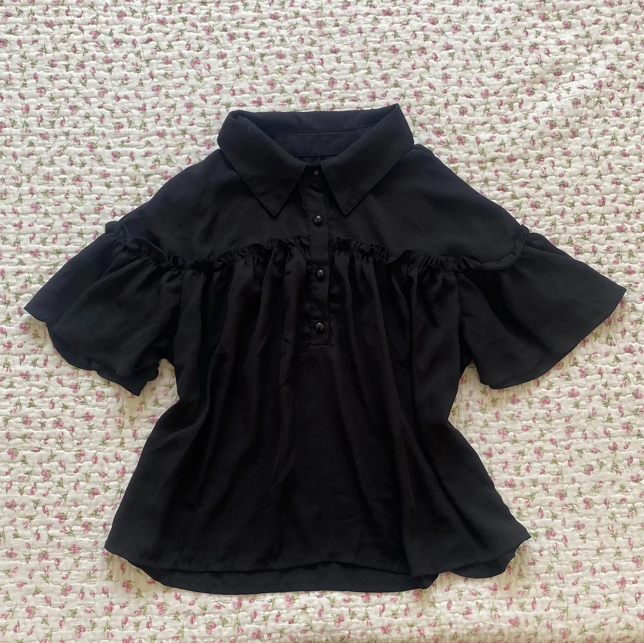 French Style Black Collared Half Placket Ruffle Flare Sleeve Loose Chiffon Women Casual Blouse Top