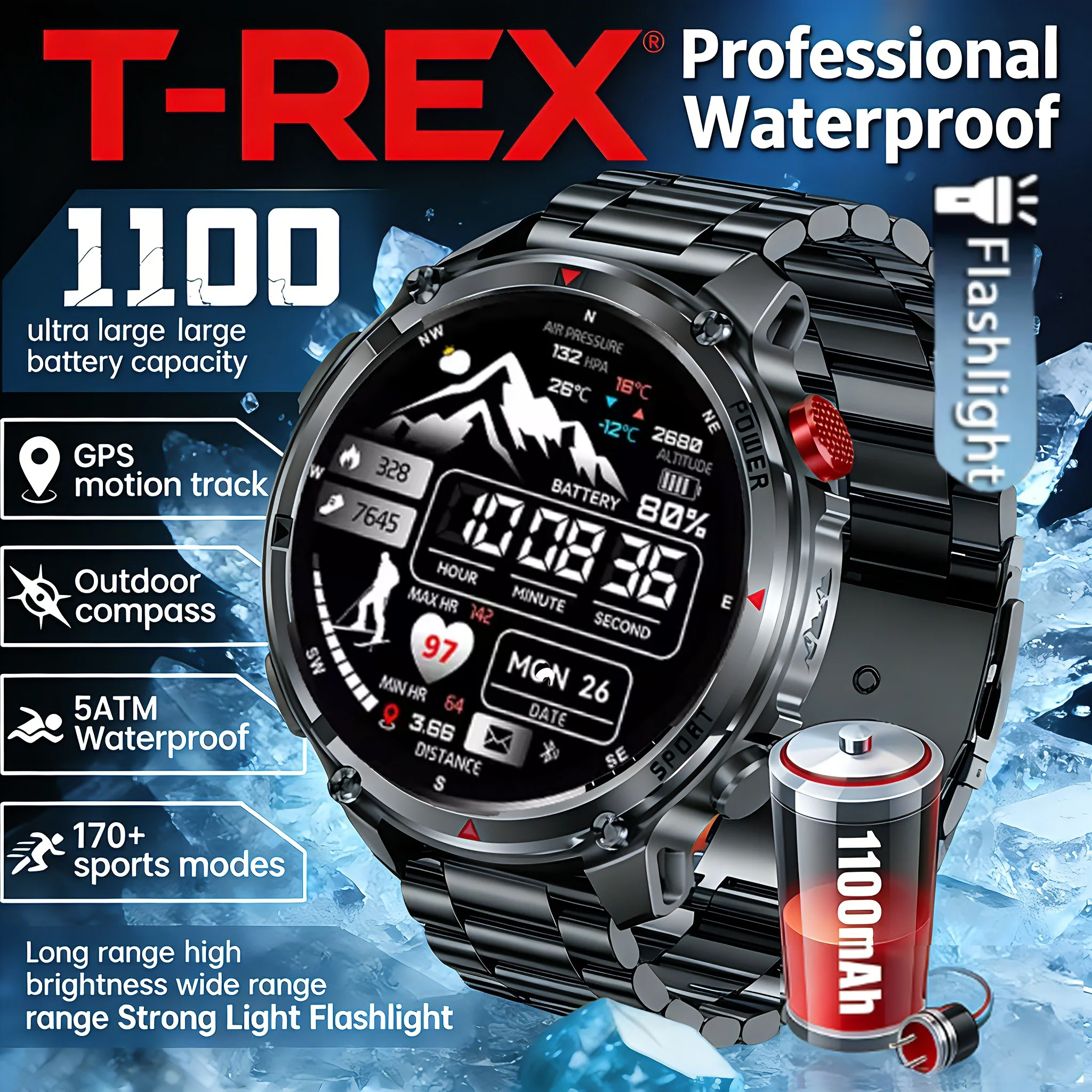 

2026T-Rex3 Ultra 1100mAh Battery Smart Watch GPS Track Compass IP69K Waterproof Sports tracker Outdoors Military Smartwatches