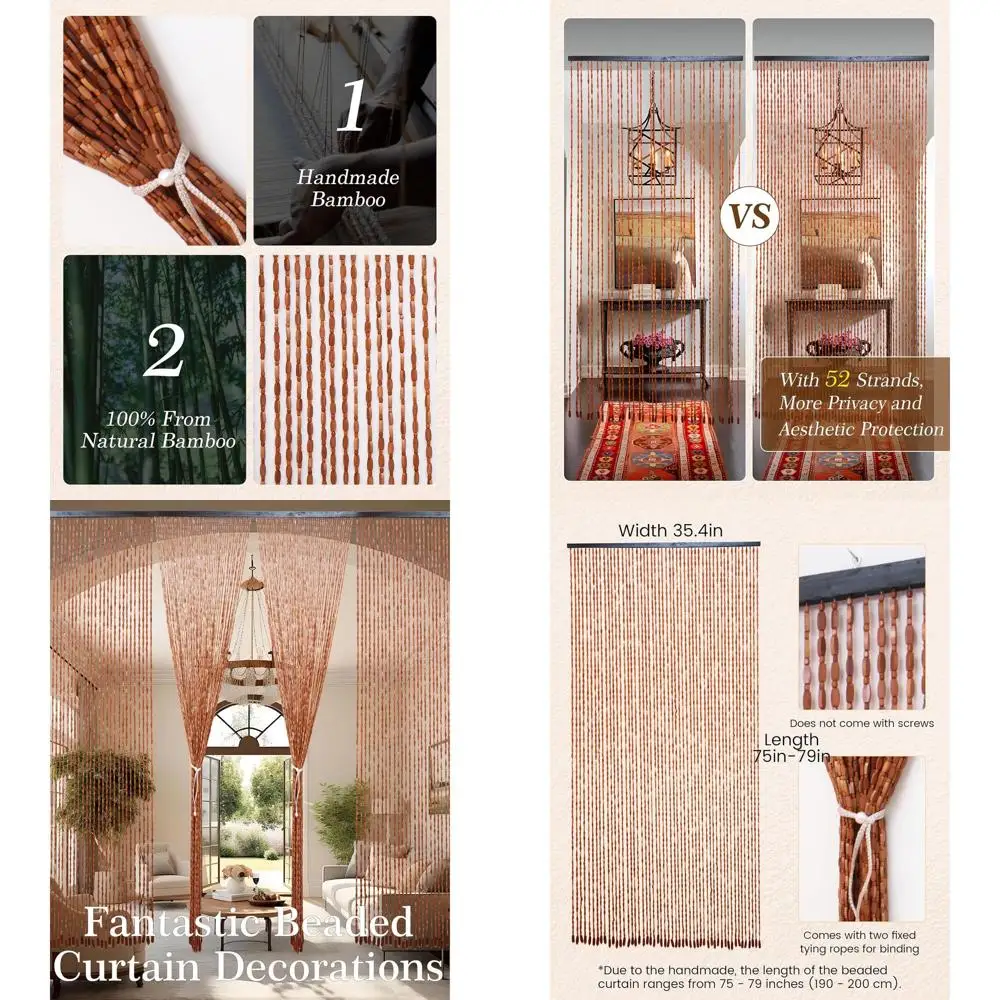 

Handcrafted Natural Bamboo and Wood Beaded Curtain, 52 Strands, 35.4 x 79, Bohemian Style, Brown