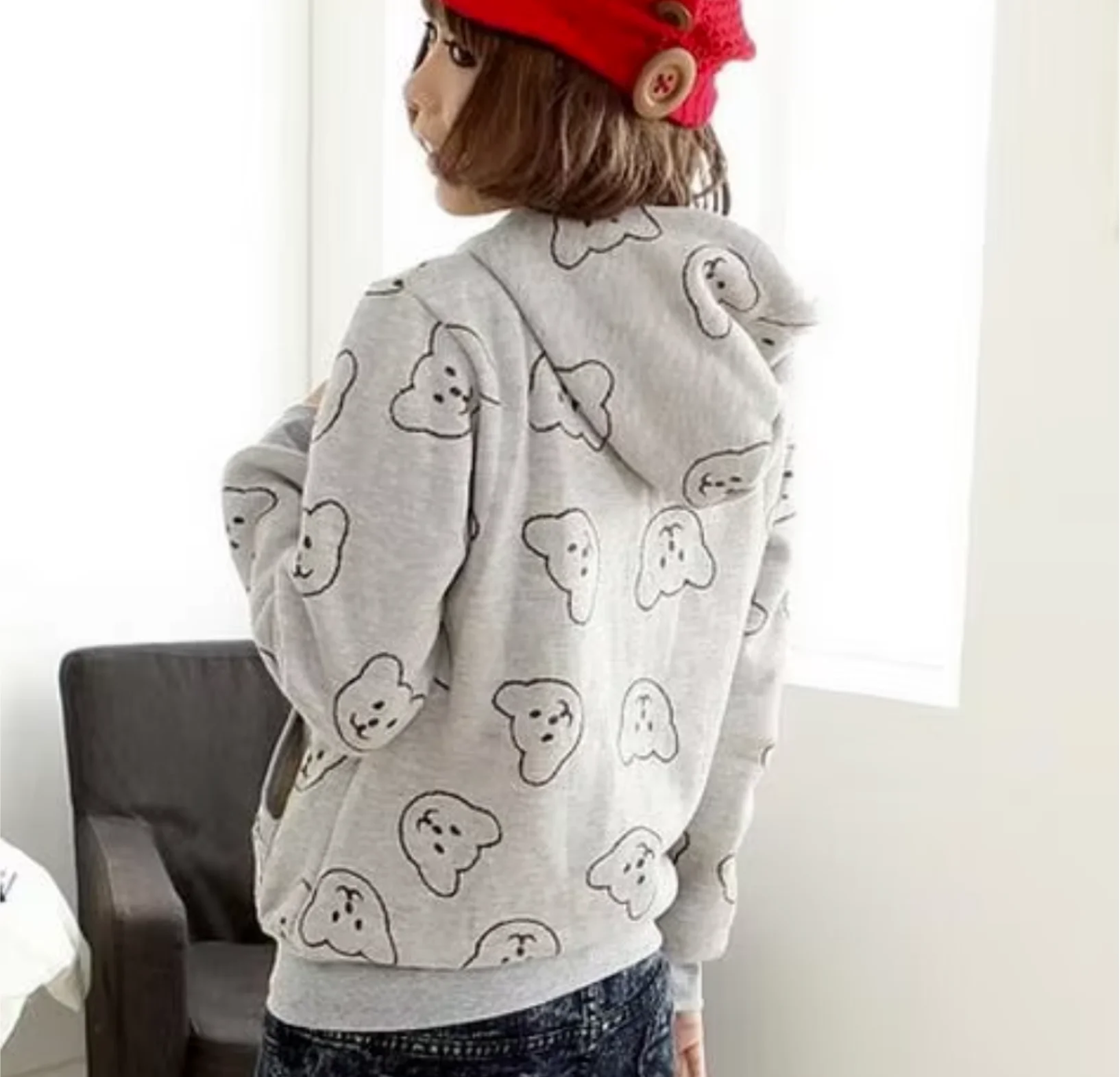 new Lovely Bear cartoon embroidered fleece zip warm  coat female Spring Autumn Korean cute bear warm fleece hoodie cardigan
