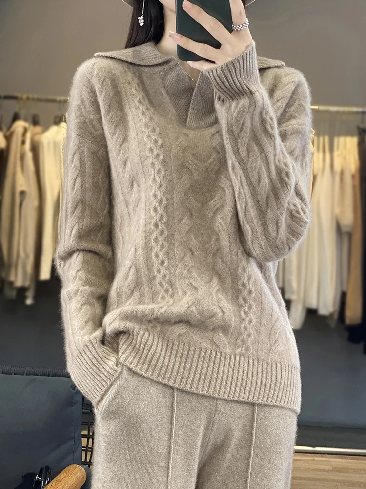 Addonee Women Sweater Autumn Winter Twist Flower Turn Down Collar Pullover 100% Merino Wool Thick Female Cashmere Knitwear Tops