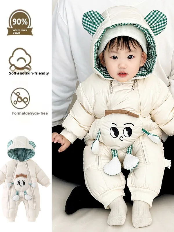 

Thiened Baby Rer with Hat Winter New Sle Children Casual Faionable Cute Print Zipper Closure Cotton Onesie for Toddlers