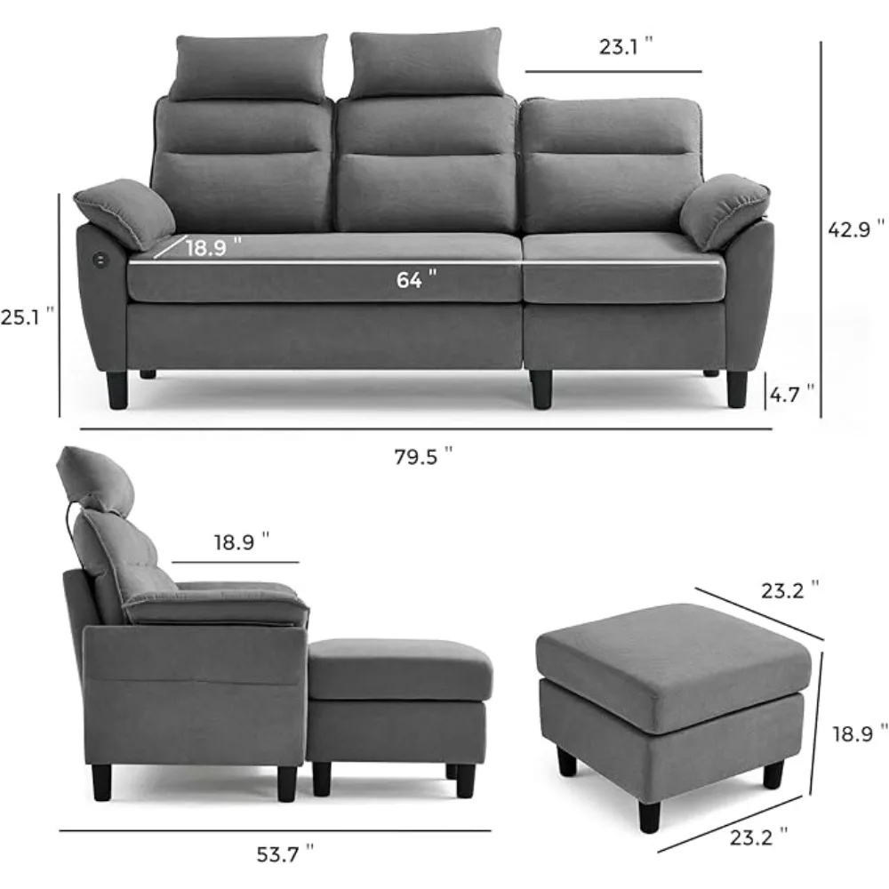 Convertible Sectional Couch, 3 Seat L Shaped Sofa with 2 USB Ports and Storage Bags, Small Sectional Sofa Set for Living Room