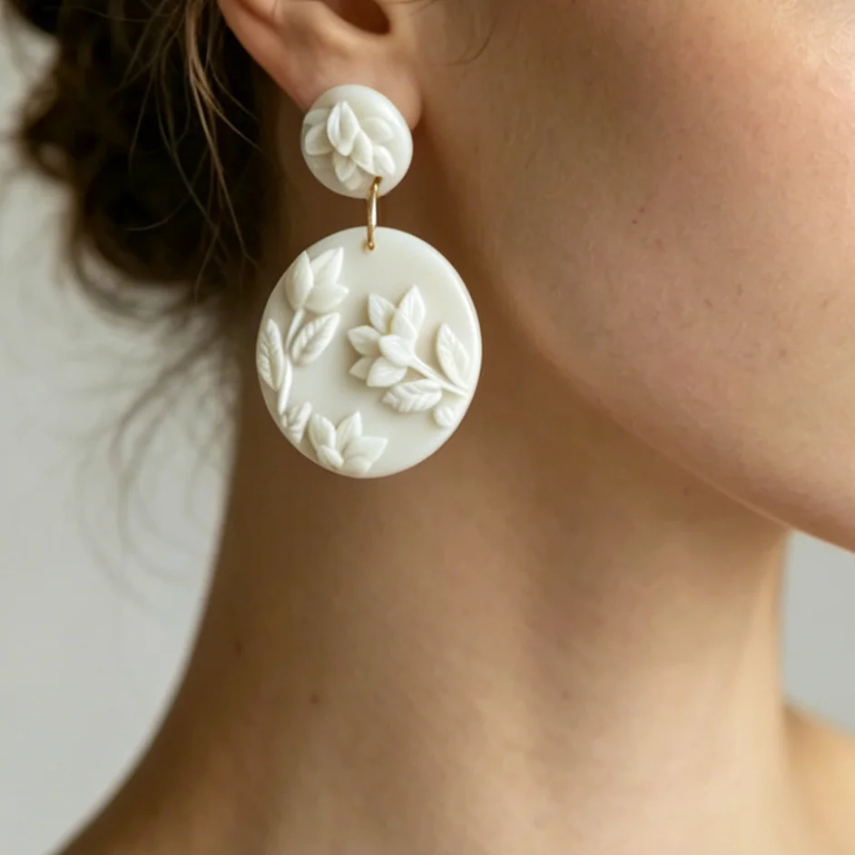 Unique 3D Sculpted Flower Polymer Clay Earrings Monochrome Geometric Round Floral Dangle Artsy Handmade Beautiful Gift for Women