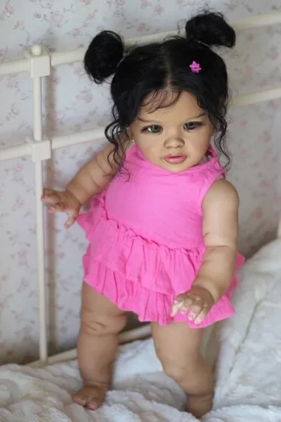 

Выполненная на заказ 26-дюймовая кукла Reborn Baby Pippa с черными волосами, готовая кукла с милым платьем, огромная кукла для девочек